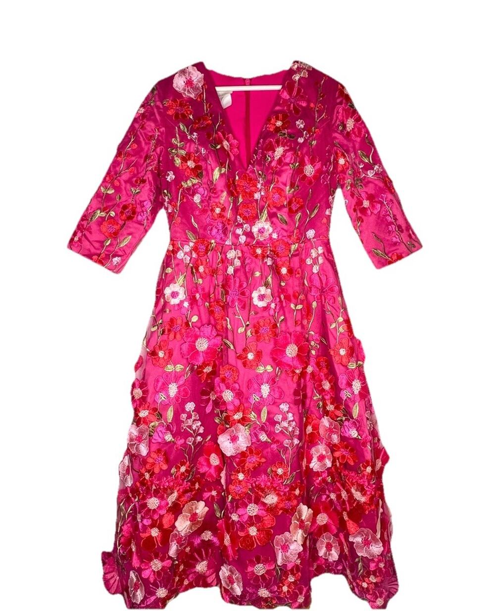 3D Floral Embroidered Midi Dress V Neck 3/4 Sleeve Party Wedding Formal S M Read